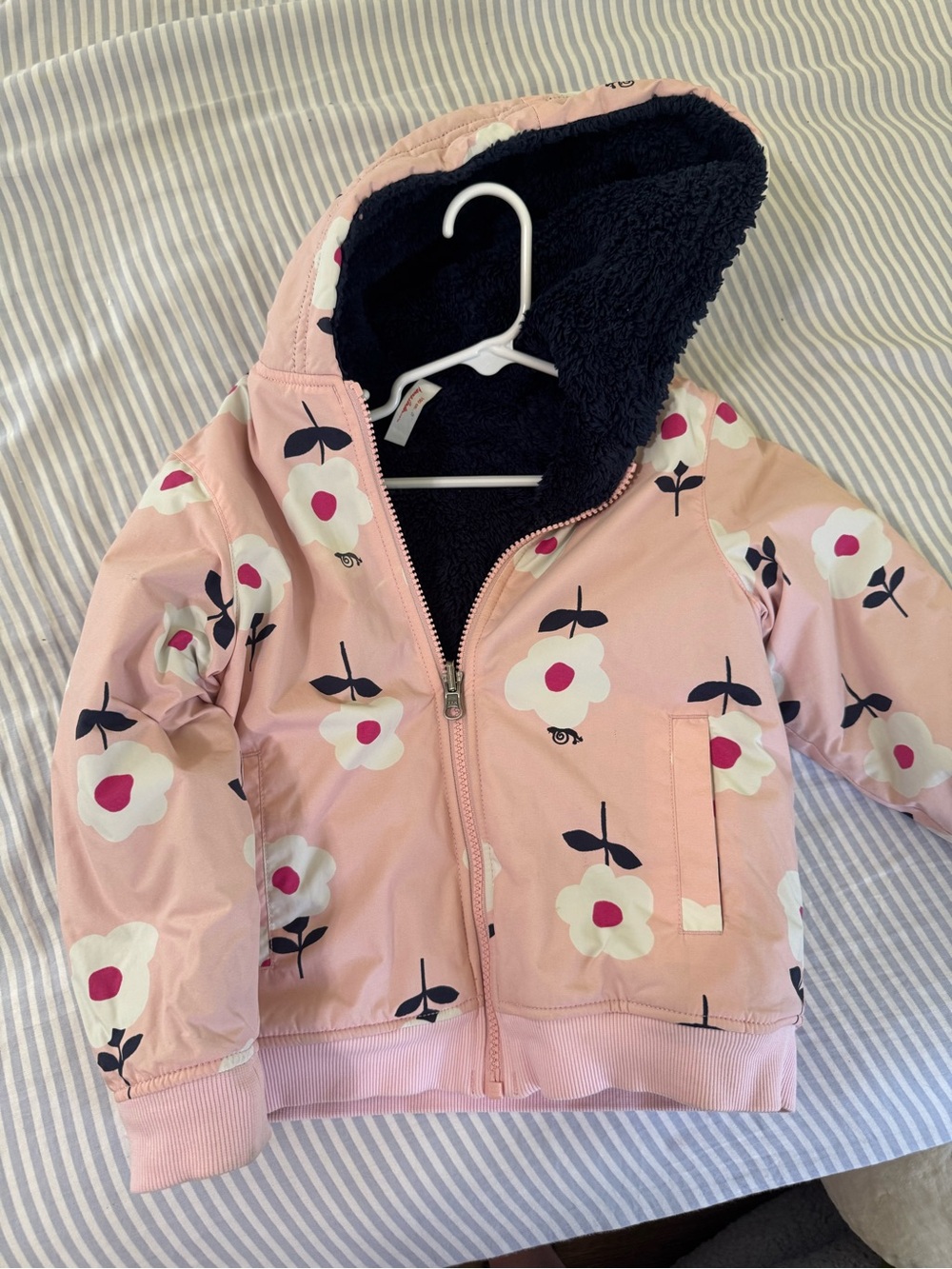 Hanna Andersson Pink Floral Hooded Raincoat with Navy Sherpa Lining